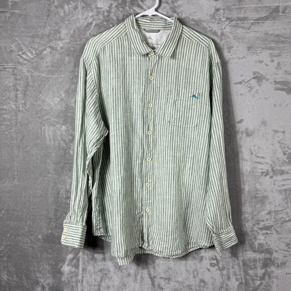 Tommy‎ Bahama Relax Button Shirt Mens XL Linen Striped Green - Picture 1 of 13